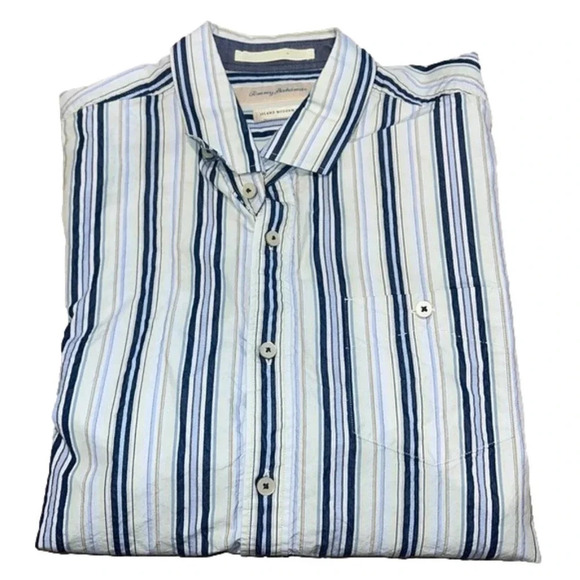Tommy Bahama Size L Cotton/Silk Mix White & Blue Stripe Button Down - Picture 1 of 10
